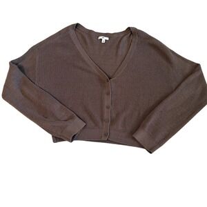 BP Brown Large Ribbed Cropped V-Neck Cardigan Sweater Womens Button Layering